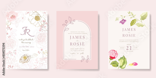Luxury Pink Wedding Invitation, floral invite thank you, rsvp modern card Design in water color flower with  leaf greenery  branches decorative Vector elegant rustic template