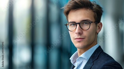Modern Business Style: Stylish glasses enhancing the sophisticated look of a young businessman in a professional setting.