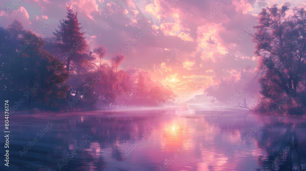A tranquil lake scene under a pink sunrise, with mist hovering over the water and silhouetted trees reflecting on the surface.