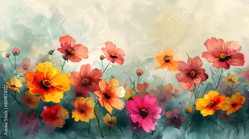 Vivid and vibrant abstract painting featuring a diverse array of stylized flowers in a dreamy, textured backdrop.