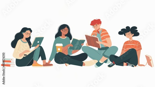 Modern illustration of diverse youth learning and studying together. Students do homework, read books, use laptops, drink coffee, and write.