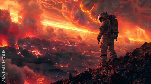 An astronaut stands on a rugged terrain, witnessing a massive volcanic eruption under a dramatic fiery sky on an alien planet. photo