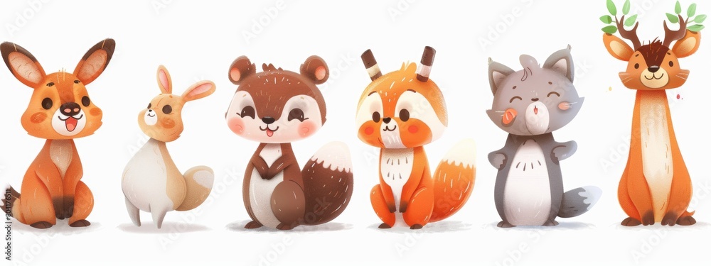 Naklejka premium Illustrations of cute animals or characters in playful poses for children books or products.