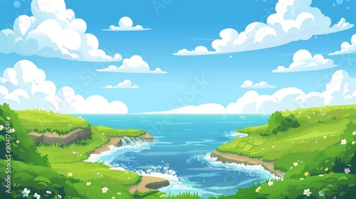 Nature panorama with stream  ocean coast  green grass  bushes with flowers  clouds and clouds in sky  modern cartoon illustration of summer landscape with river flowing into sea.