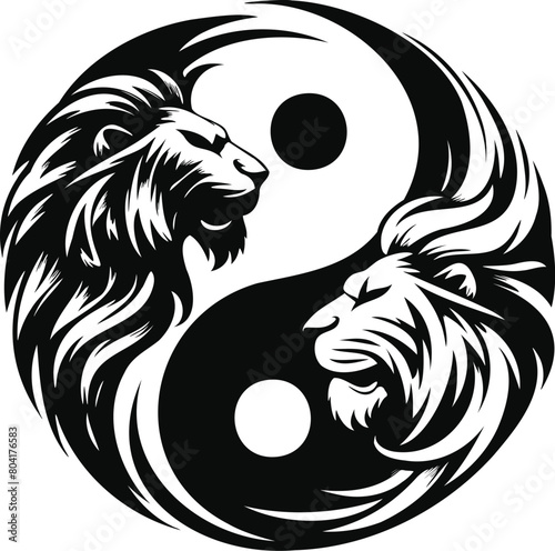 Head of the lion king with yin yang symbol, vector illustration.