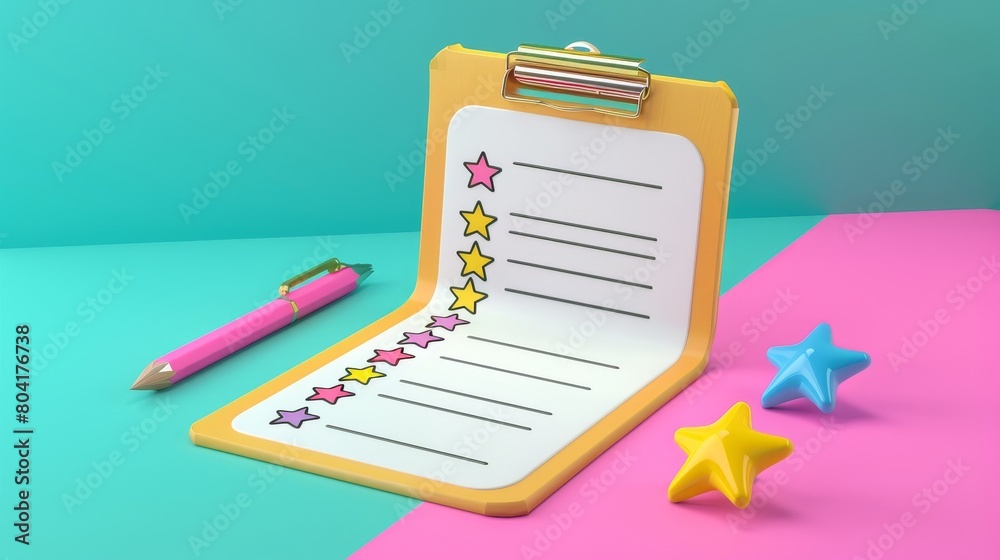 There is a checklist with a feedback questionnaire, a clipboard with ...