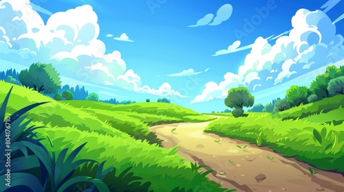 Cartoon nature landscape with a dirt road going along a green field with grass  bushes and green trees under a blue sky with fluffy clouds  scenery background for a game  summer day Modern