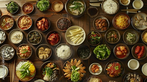 Traditional Korean cuisine presented on a table, ideal for food photography or recipe content.