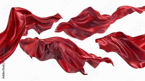 Red silk flying on a white background. Modern illustration of flowing scarlet fabric sheets. Luxury satin textile. AIDS awareness symbol.