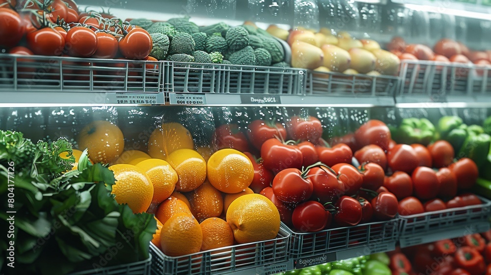 A fruits and vegetables on shelf in a foggy at supermarket. Generative AI.