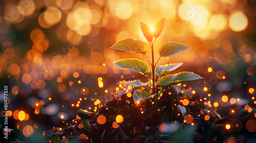  a flourishing sapling illuminated by the warm glow of sunrise, enhanced with intricate bokeh elements, illustrating the serene coalescence of technology and the natural world. photo