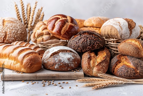 A diverse array of oven-baked breads, surrounded by wheat grains, highlighting freshness and variety