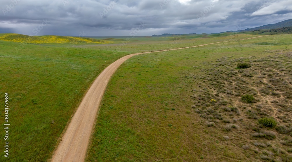 Dirt country road on a ranch and hills during the superbloom in Carrizo National Monument, Santa Margarita, California, United States of America. Dirt country road on a ranch and hills during the superbloom in Carrizo National Monument, Santa Margarita, California, United States of America.
