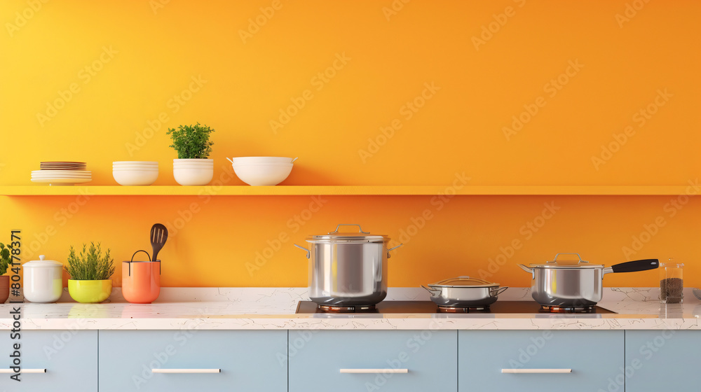 Modern kitchen with cooking pots and shelf near color