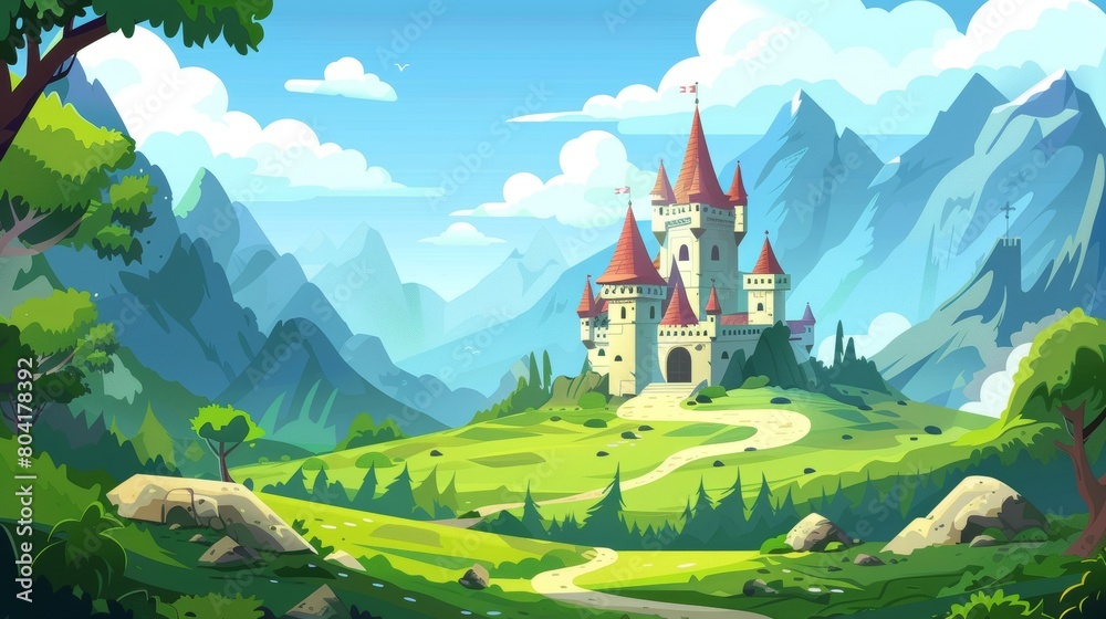 Fantasy castle in a green valley surrounded by mountains in a blue sky. Cartoon modern illustration of a fantasy kingdom featuring natural landscape and a medieval royal palace.