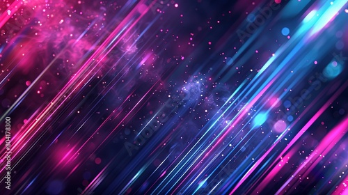 Abstract background with glowing neon lines and bokeh lights on dark blue