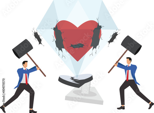 Marriage problems, cold or broken relationships, improving mental health, businessmen with hammers trying to break sealed heart-shaped glass
