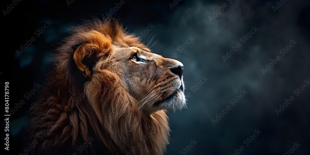 Fototapeta premium The Noble and Regal Profile of a Majestic Lion Framed by its Elegant Mane Against a Dramatic Dark Background Embodying Power and Grandeur