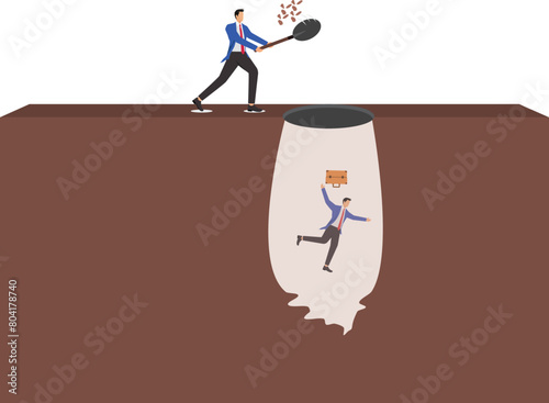 Cunning businessman digs a hole for his fellows to fall into, misdirection or fraud to get people into a trap, victim in a professional or business venture