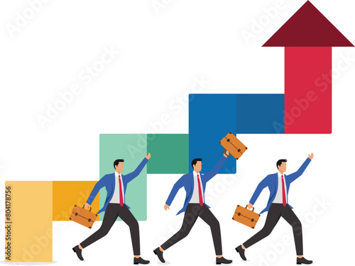 Competition for business marketing or performance, competition for office staff careers, competition for the best employees, businessmen running alongside the arrow of continuous upward growth