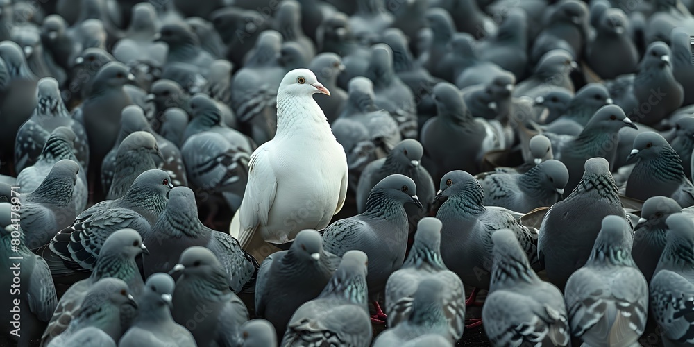 Obraz premium Lone White Pigeon Amidst Grey Flock Symbolizing Uniqueness and Leadership