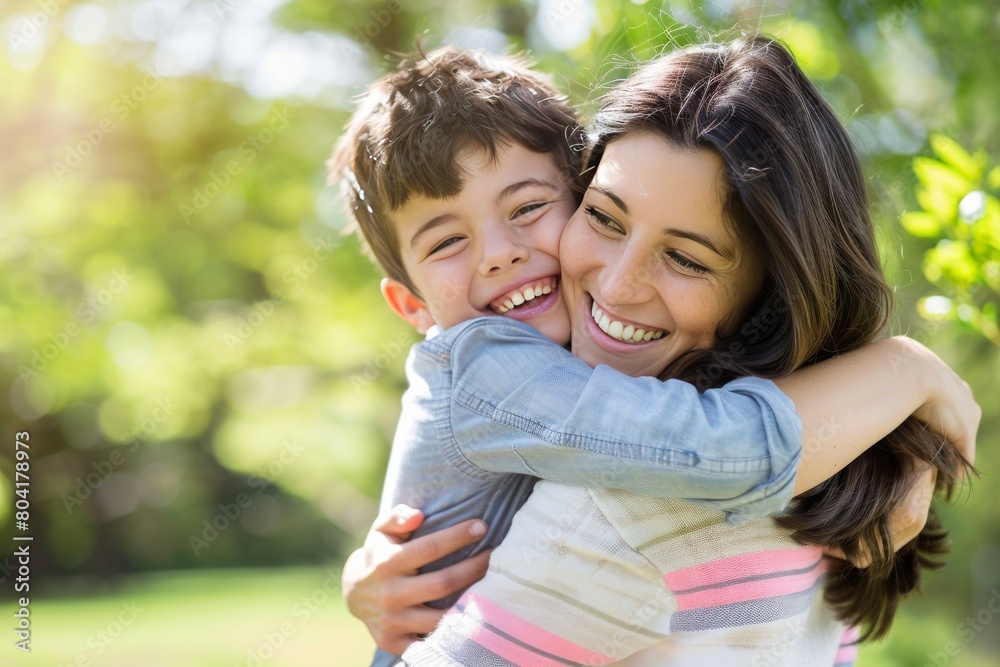 Young mother laughs as she tightens her arms around her happy son in a park with lush greenery Young mother laughs as she tightens her arms around her happy son in a park with lush greenery