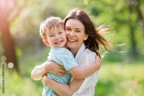 A smiling mother and her young son sharing an embracing hug with sunlight filtering through the trees