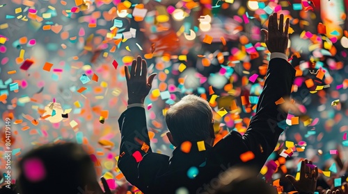 A victory parade for the newly elected president, with confetti raining down as the president waves to a cheerful crowd photo