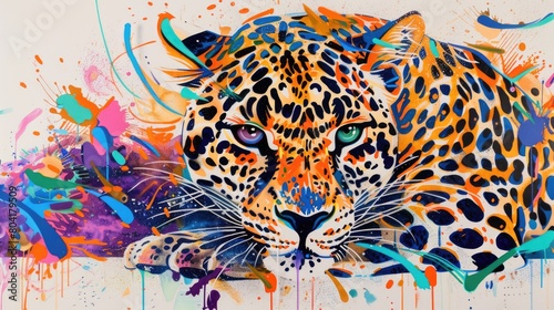 Eclectic leopard drawing, colourful lively patterns, minimalistic. Trendy animal background, print poster