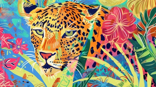 Eclectic leopard drawing, colourful lively patterns, minimalistic. Trendy animal background, print poster