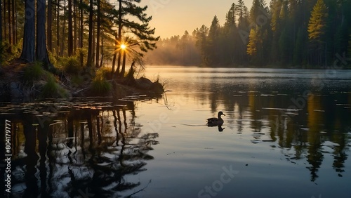 sunrise over the lake Tranquil Pine Lake Reflections of Serenity