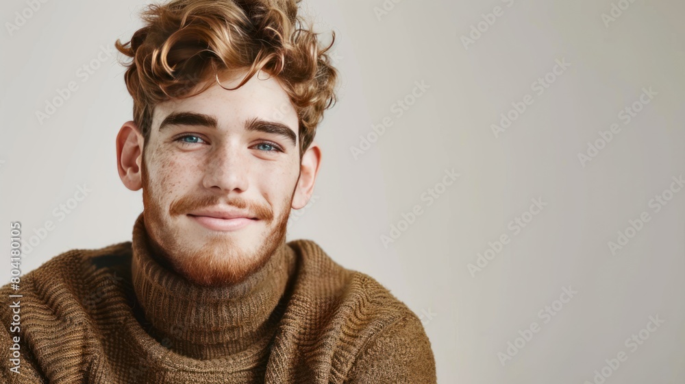 Young adult handsome red haired man portrait, nordic type male model with red hair and beard, studio shot, background with copy space, diversity and different beauty concept, AI generated image Young adult handsome red haired man portrait, nordic type male model with red hair and beard, studio shot, background with copy space, diversity and different beauty concept, AI generated image