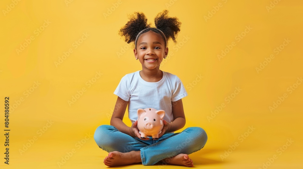 Kids learning finances, safe and invest money, financial education and awareness concept, African-American girl with kids credit card, background with copy space, AI generated image