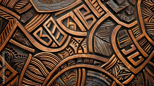 Abstract carving wooden background with organic whimsical shapes, African folk geometric motifs, natural eco colors and textures, lines, waves, holes on the wood surface, AI generated