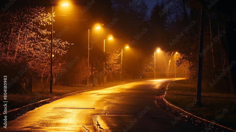 Street Illumination: Glowing streetlights guiding the way, casting warm light along the road.