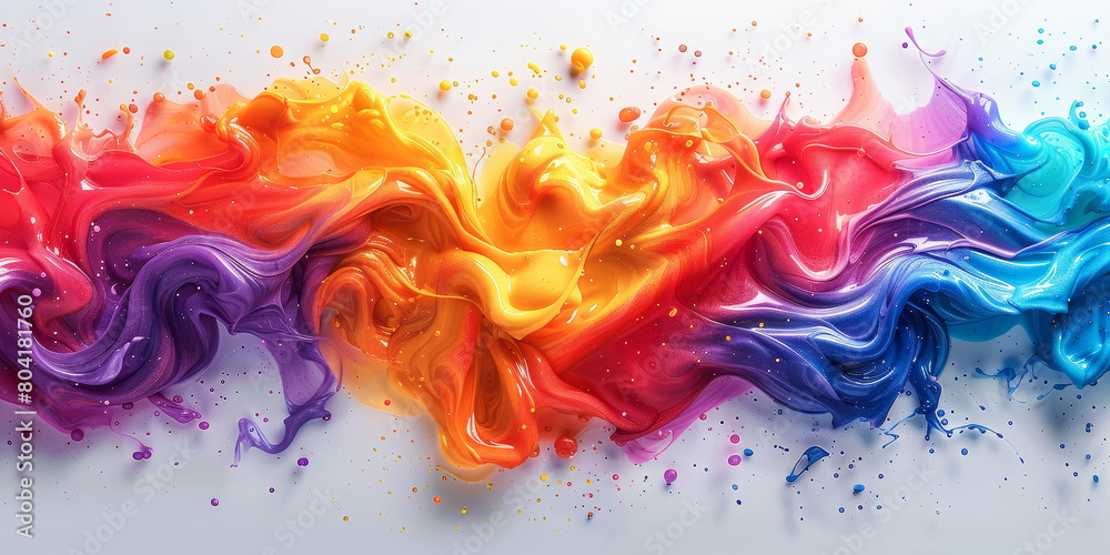 Dynamic wave of multicolored paint oily splashes isolated on a white background