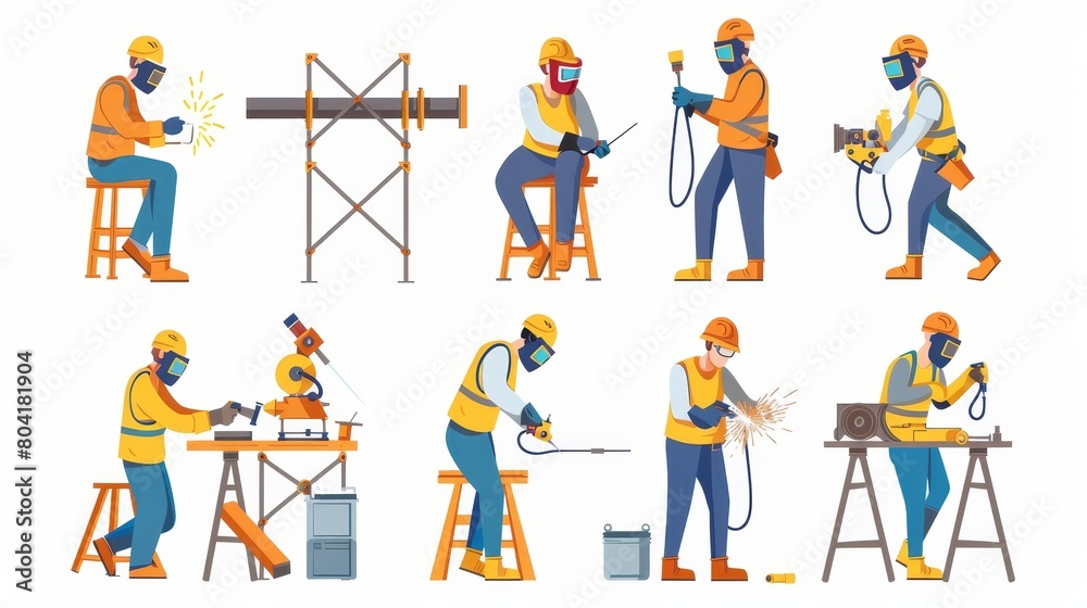 The welding scene set contains construction worker repairing metallic pipes in a variety of poses. It features a man in a safety mask, using welding machine on a white background as an illustration
