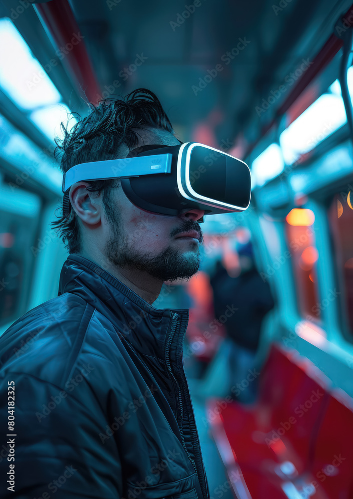 © Julia Zarubina - man in virtual reality glasses in a subway car, spatial computer, mask, high technology, VR, device, person, people, portrait, online, game, Internet, future, electronic, 3D, three-dimensionally, tube © Julia Zarubina - man in virtual reality glasses in a subway car, spatial computer, mask, high technology, VR, device, person, people, portrait, online, game, Internet, future, electronic, 3D, three-dimensionally, tube