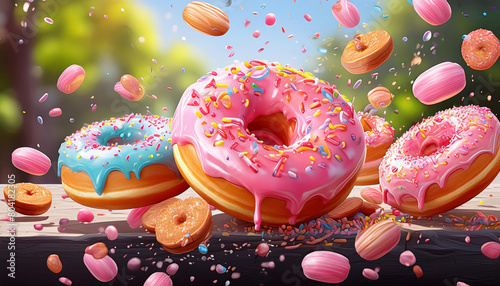 Floating donuts with pink glaze and sprinkles explosion,Colorful donuts with sprinkles levitating in a whimsical forest backdrop 