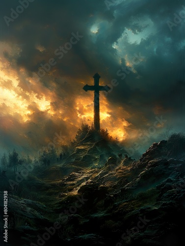 A holy cross standing on a hill, bathed in a celestial light that pierces a cloudy sky