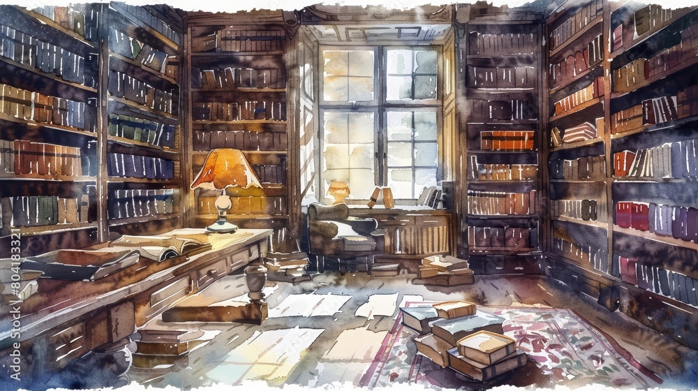 In this watercolor painting, a charming old library with rows of books bathed in soft light, Clipart minimal watercolor isolated on white background