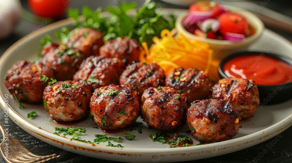 Grilled Meatballs with Fresh Garnish on Plate Grilled Meatballs with Fresh Garnish on Plate