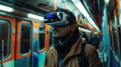 man in virtual reality glasses in a subway car, spatial computer, mask, high technology, VR, device, person, people, portrait, online, game, Internet, future, electronic, 3D, three-dimensionally, tube photo