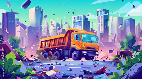 An illustration of a garbage truck dumping rubbish at a cityscape background. Wastes disposal municipality problem, illegal landfill at city area, environment pollution concept, cartoon modern