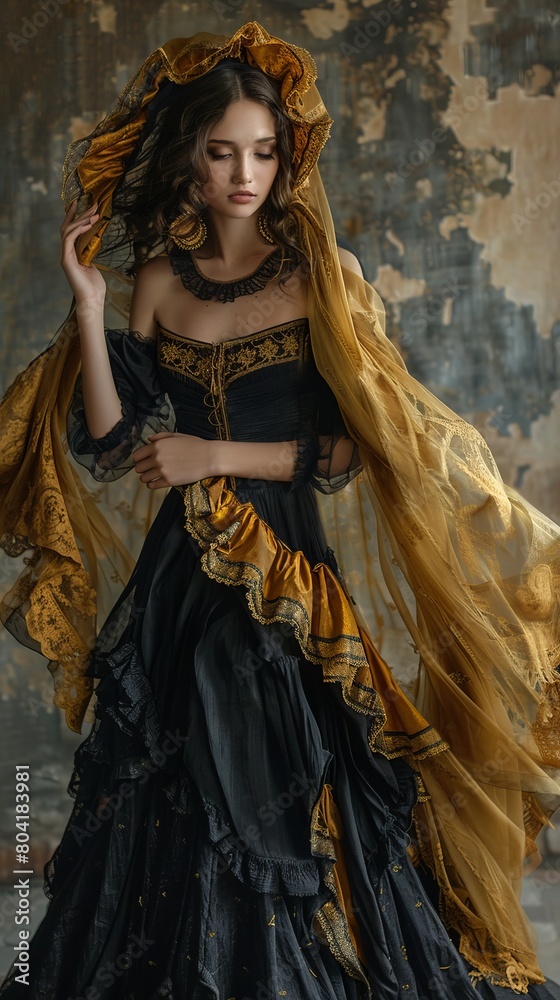 art portrait in renaissance style of girl in black dancing with golden veil