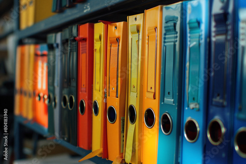 A large number of colored binders for documents standing in row on shelf photo
