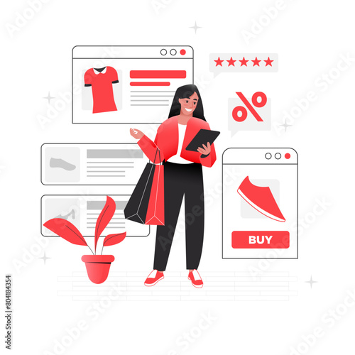 Vector of happy woman bring shopping bag and tablet while shopping in ecommerce