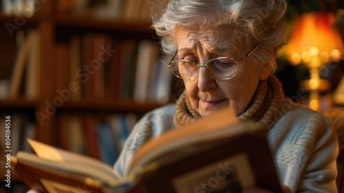 Elderly woman browsing through old photographs in a family photo album, nostalgia concept © Rymma
