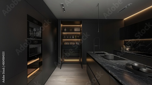 A monolithic  jet black kitchen with seamless  handleless cabinetry  backlit onyx countertops  and a hidden  walk-in pantry.