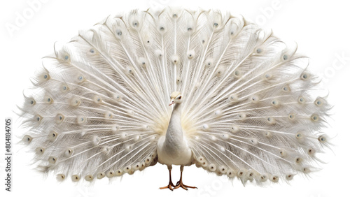 Beautiful white peacock spread his tail feathers. isolated on Transparent background.